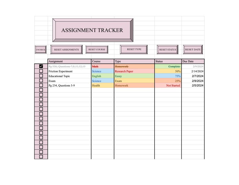 Digital Assignment Tracker Pink with 50 Rows